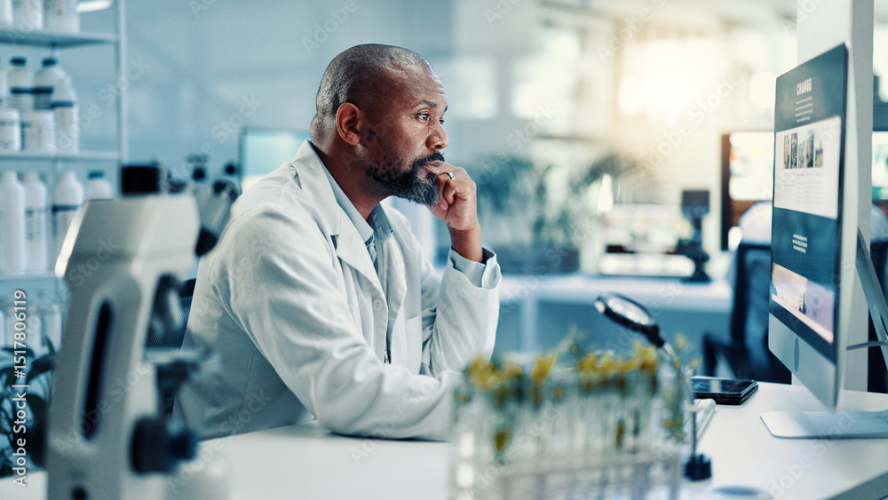 Poster Computer screen, reading and science with black man in laboratory for development or research. Healthcare, innovation and medical with scientist at desk for breakthrough, clinical trial or experiment