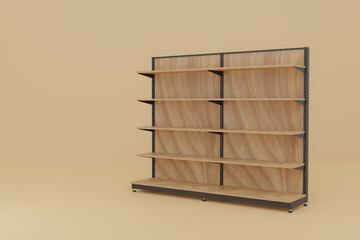 empty wooden shelf 3d render showing two wooden display shelves for commercial use. Metal structure, minimalist background, ideal for store mockup and retail design.