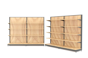 empty wooden crate. 3d render of modern wood panel retail shelving units with steel frames. Two display stands shown in different perspectives on white background.
