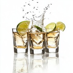 Tequila shots with lime and splash on a white background