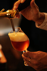 Close-up of a beer glass, in which a bartender pours beer ,a bar environment