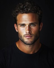 Fototapeta premium Closeup portrait of athletic young man with dark curly hair and trimmed beard against plain background