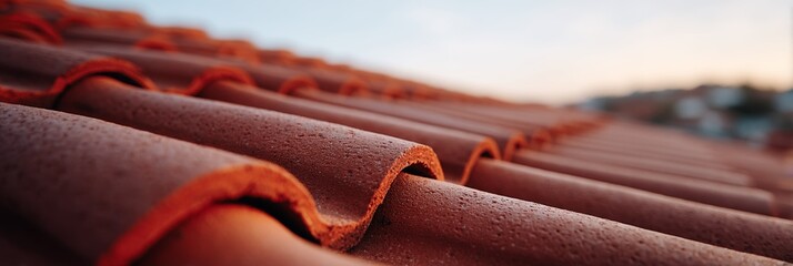 Closeup view of aged clay roof tiles arranged in a chaotic overlapping pattern on a weathered building