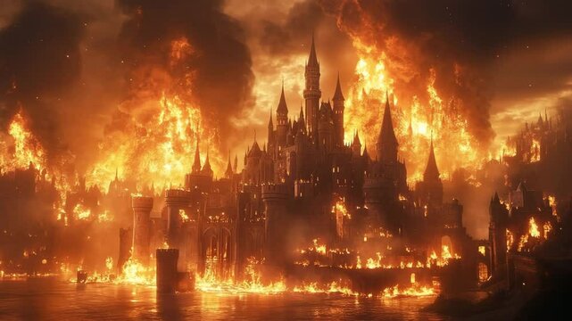 An epic castle burns in a massive firestorm, engulfed in flames and thick smoke. The apocalyptic scene captures destruction, chaos, and medieval devastation as the fortress collapses into fiery ruin.
