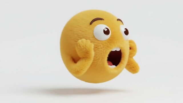Textured Yellow Sphere with Startled Facial Expression and Arms Raised.