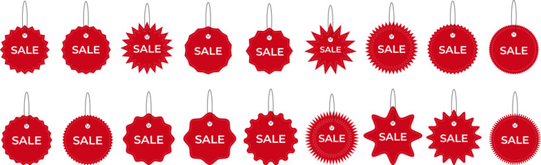 Red Hanging Tags with SALE Text. Starburst Label Set. Ideal for online shops, retail discounts, and ecommerce promotions. Vector EPS 10
