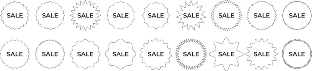 Outline Sale Labels Set. Black outlined vector sale badges in different shapes, perfect for ecommerce promotions and product marketing. Vector EPS 10