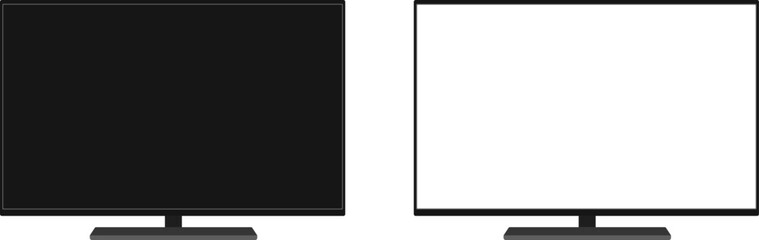 Monitor Mockup Pair – Black and White Display Set. Mockups in black and white variants with blank screens for web, UI, or tech product display. Vector EPS 10