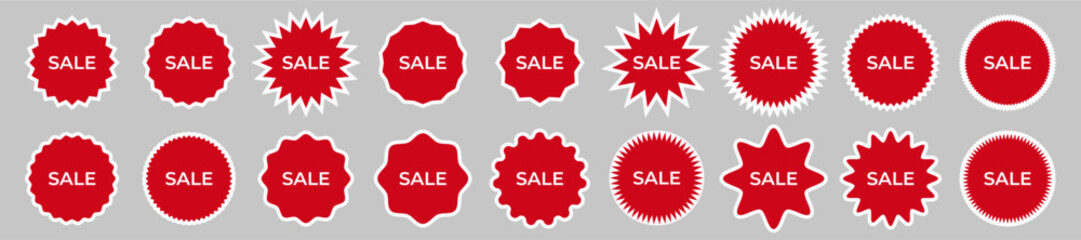 Red SALE Labels with White Border. Promo Tag Pack. Labels with white border outlines, starburst and wavy shapes, perfect for seasonal sales and special offers. Vector EPS 10