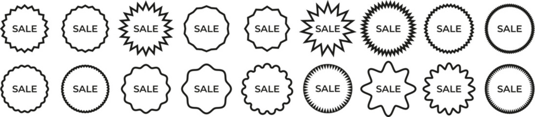 Outline SALE Tags Collection. Vector set of outline SALE badges with hand-drawn effect in multiple shapes for modern marketing design. Vector EPS 10