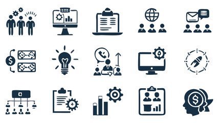 A collection of business and team collaboration icons reflecting innovation growth and strategic planning with dark blue