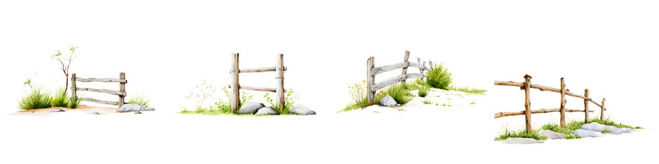 Naklejka premium Natural wooden fences adorned with lush greenery and stones, blending rustic charm with pastoral beauty for agricultural and decorative uses