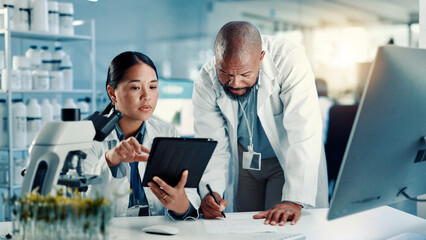Science, team and tablet with writing in lab for medical innovation, vaccine report and research....