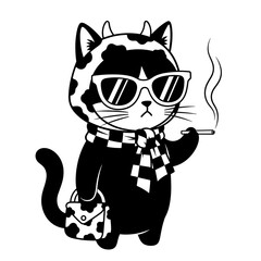 Cool Cat in Black and White Illustration Wearing Sunglasses and Scarf