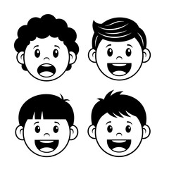Four Cute Cartoon Boys Faces Showing Different Expressions Black And White Illustration
