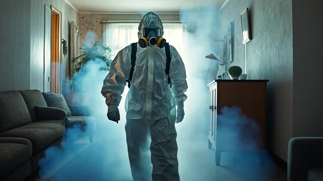 Man in hazmat suit fumigating and sanitizing a living room against viruses and bacteria, ensuring a healthy and safe environment through professional disinfection services