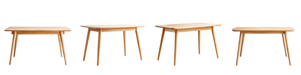 Modern, minimalist wooden tables displaying a variety of shapes and sizes, showcasing natural wood grain textures and functional, elegant design suited for contemporary interiors
