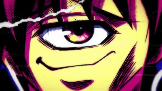 Vibrant anime character with glitch effect in artistic transformation sequence
