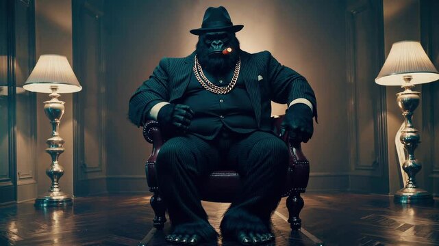 Powerful gorilla mob boss, wearing a pinstripe suit and a fedora, sits on a luxurious armchair in a sophisticated room, smoking a cigar and exuding an aura of dominance and control