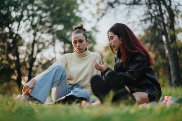 Young women sharing an emotional conversation in a peaceful forest setting during the day. They are...