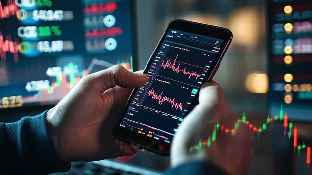 Analysing real time stock market data on mobile phone screen shows investor taking financial decisions based on up to date economic analytics and trends