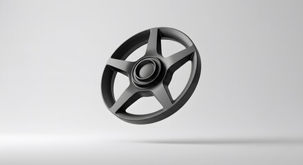 Obraz premium Sleek Black Alloy Wheel Design 3D Render: Automotive Part, Five Spoke Rim, Modern Car Accessory, Precision Engineering, Clean Minimalist Style, Studio Shot, High Resolution Image