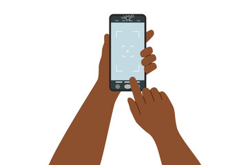 Taking a photo by a phone camera. Human hands with a phone camera isolated on white. Vector hand drawn clipart. Phone screen mockup.