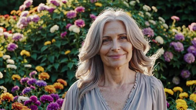 Middle-aged woman with long gray hair, wearing a white dress, smiles in a blooming garden filled with colorful flowers. Represents menopause and women's health