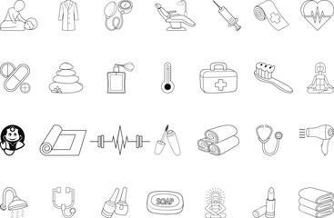 Variety and stylish line icon of back massage, blood pressure monitor icon, showerhead, First aid kit, thermometer, lipstick, soap, Dentist chair and other vector illustration