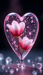 This romantic image features a delicate pink rose encased within a transparent glass heart, resting on a bed of shimmering pink crystals and ice. 