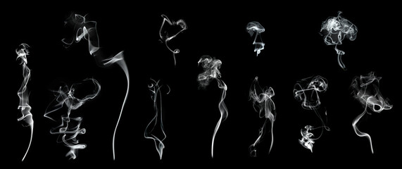Smoke, mist or  Fog set isolated on black background. White cloudiness, mist or smog background. Collection of varied white smoke on a black background.