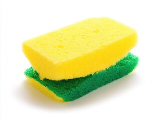 Yellow sponge with green scrub pad for cleaning on white background