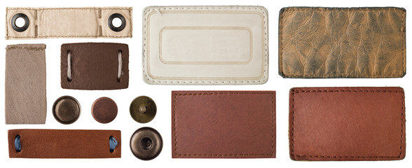 Buttons, straps, label and tag isolated on white background. Fashion accessories for design on the theme of fashion, clothing, moda. Metal jeans buttons, rivets, straps, label and tag  set collection.