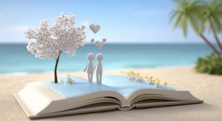 Romantic Scene on a Beach with Paper Book Open Under a Cherry Blossom Tree