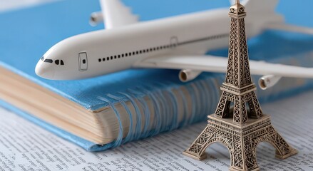 Travel Essentials: Airplane Model and Eiffel Tower on Book