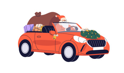 Santa Claus courier driving festive car, convertible auto vehicle with Christmas gifts, sack, winter holiday presents. Xmas delivery concept. Flat vector illustration isolated on white background