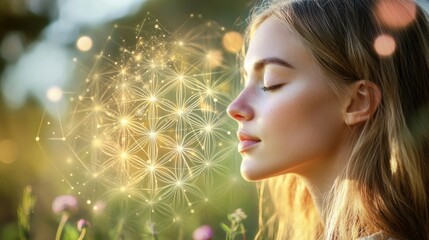 Glowing sacred geometric sphere featuring  Flower of Life pattern floats above young woman