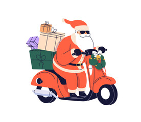 Santa Claus courier riding scooter with Christmas presents, Xmas gifts. Festive delivery. Winter holiday character driving bike, motorcycle. Flat vector illustration isolated on white background