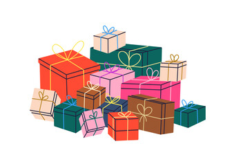 Gift box pile. Holiday presents heap in paper wrapping, ribbon and bow. Festive surprises for Christmas and birthday. Many giftboxes stack. Flat vector illustration isolated on white background