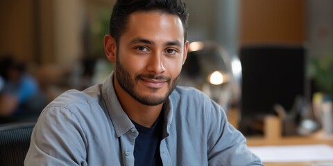Fototapeta premium Confident young adult hispanic male smiling in office environment