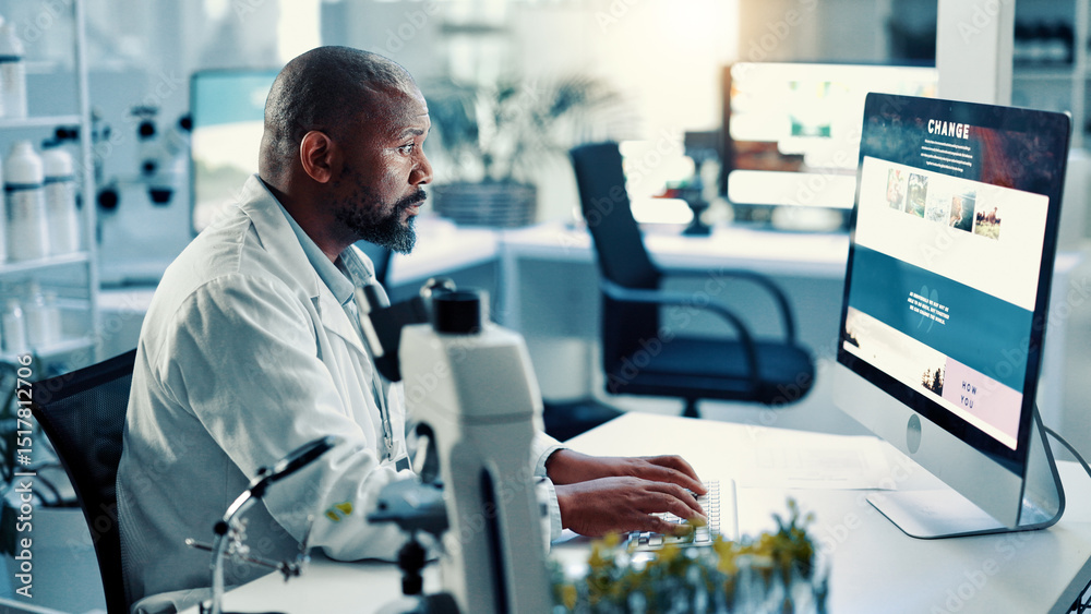 Poster computer screen, medical and science with black man in laboratory for development or research. artic