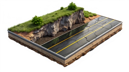 3d illustration with cut of the ground and the desert road floating in the air, isolated -  on white background PNG AI