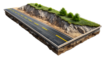 3d illustration with cut of the ground and the desert road floating in the air, isolated -  on white background PNG AI