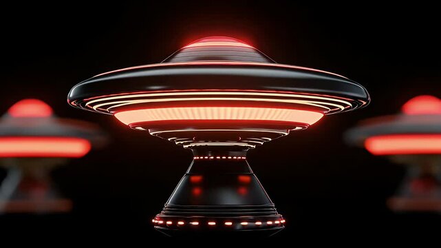 Close up view of a dark metallic disc shaped object with red glowing lights, set against a black background. Two similar objects are blurred in the background.