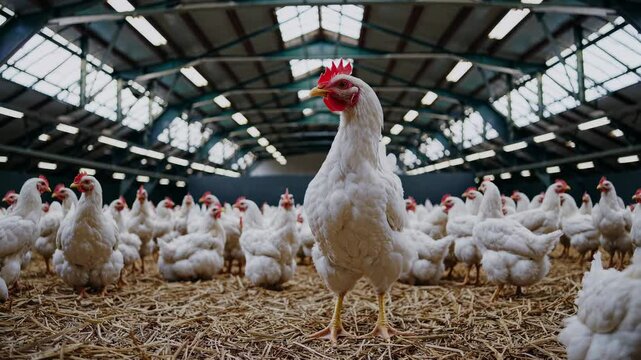White chickens moving freely within rustic barn interior, highlighting modern livestock farming practices with one chicken confidently approaching camera lens
