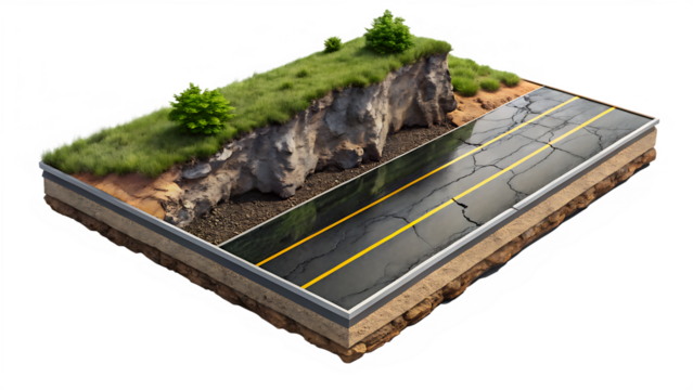 3d illustration with cut of the ground and the desert road floating in the air, isolated -  on white background PNG AI