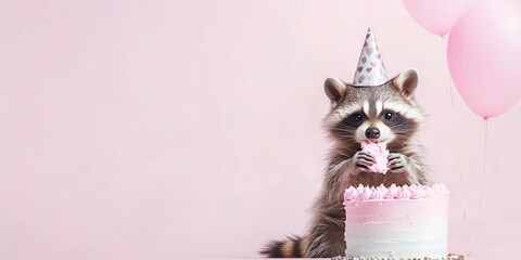 Funny raccoon wearing a heart-pattern party hat eating pink cake next to balloons. Whimsical birthday scene on soft pink background, perfect for celebration and animal-themed content..