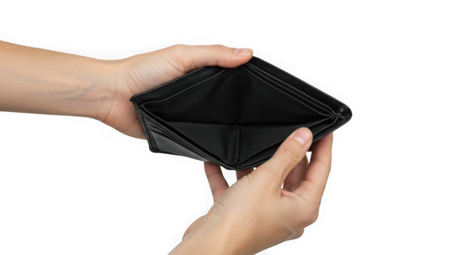 Hands holding open an empty black leather wallet against a transparent background