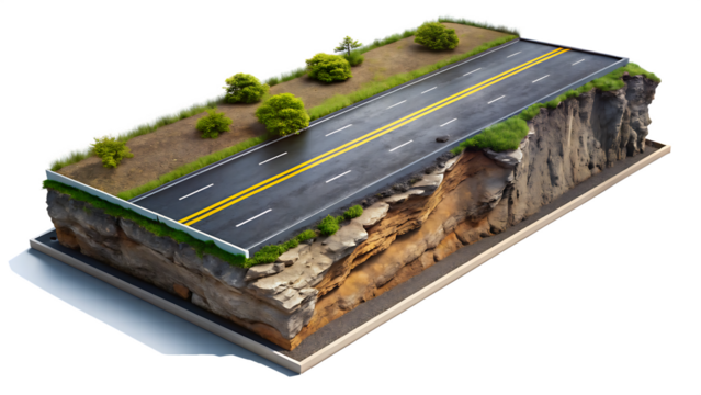 3d illustration with cut of the ground and the desert road floating in the air, isolated -  on white background PNG AI