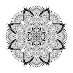Modern mandala with plant elements, coloring book for adults, linear drawing for printing. Vector illustration isolated on white background.